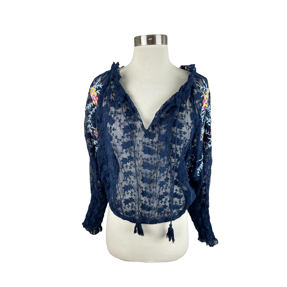 Free People S Blue Lace Jubilee Lace Boho Long Sleeve Blouse